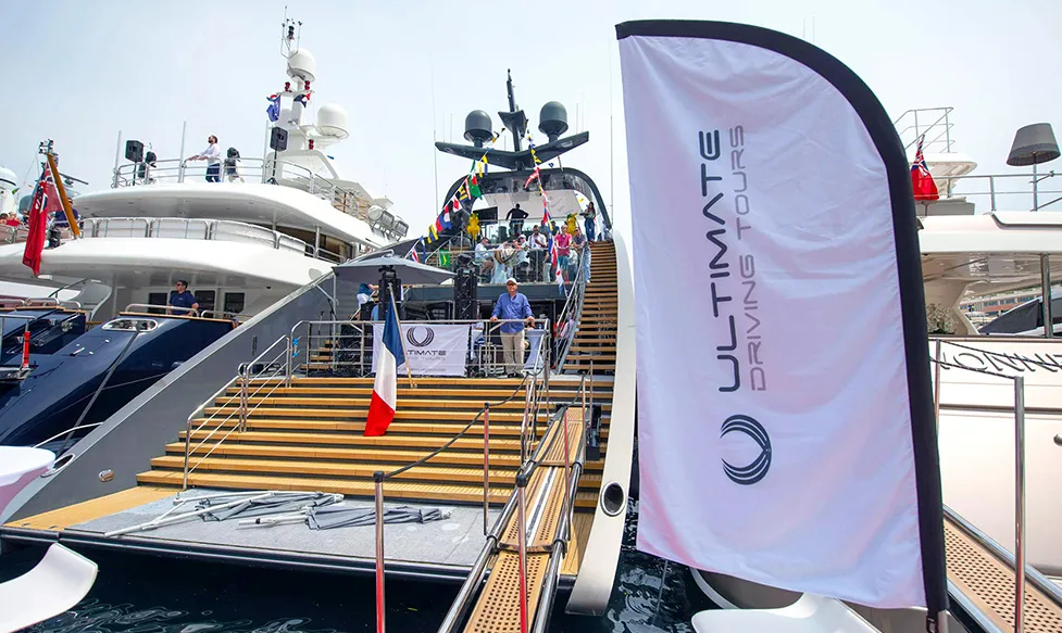 Ultimate Driving Tours’ private yacht in Port Hercule seen from the rear