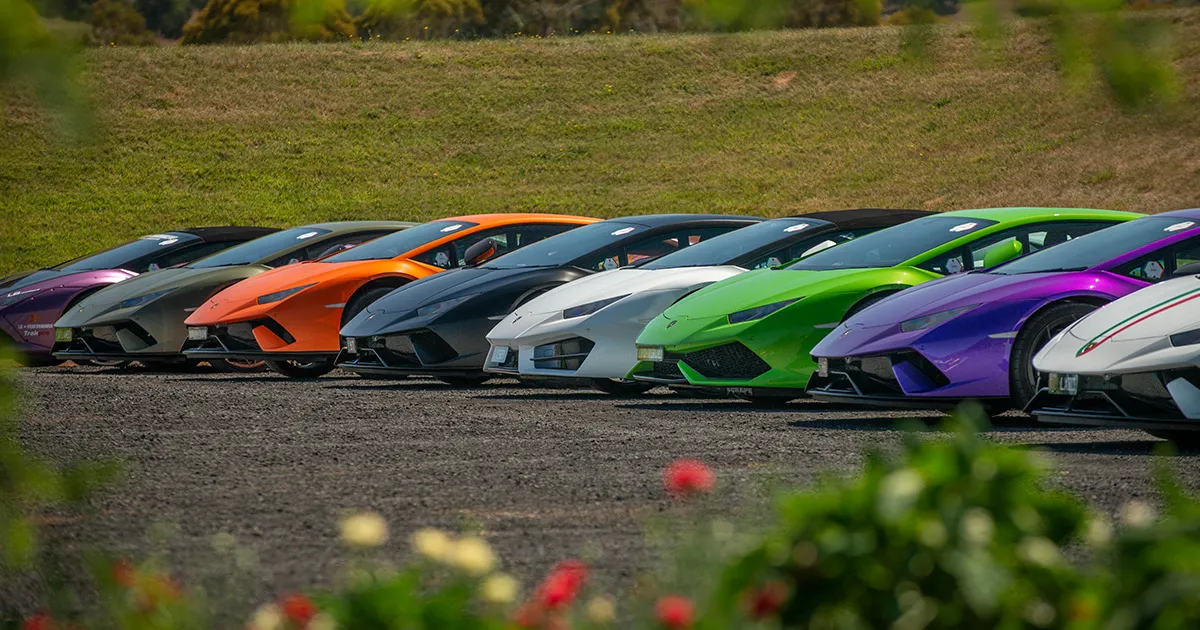 A variety of brightly coloured supercars parked in a line.