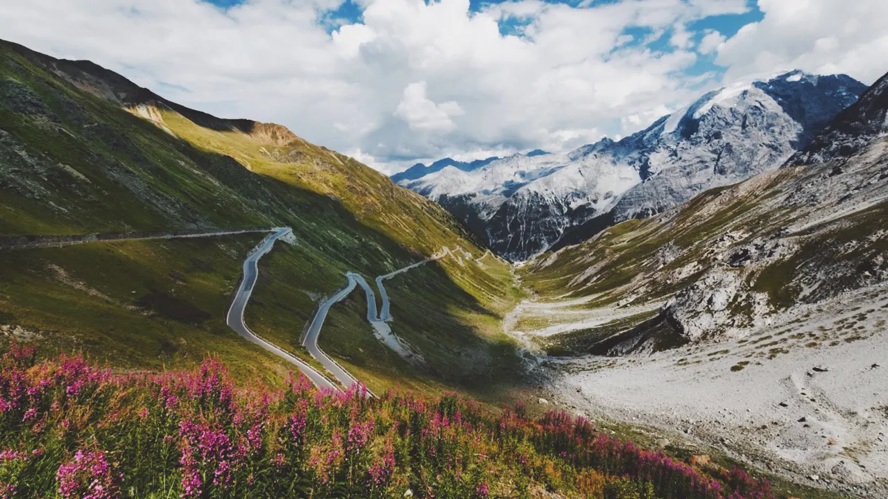 Overlooking the Stelvio Pass valley and across to the snow-topped mountains beyond it