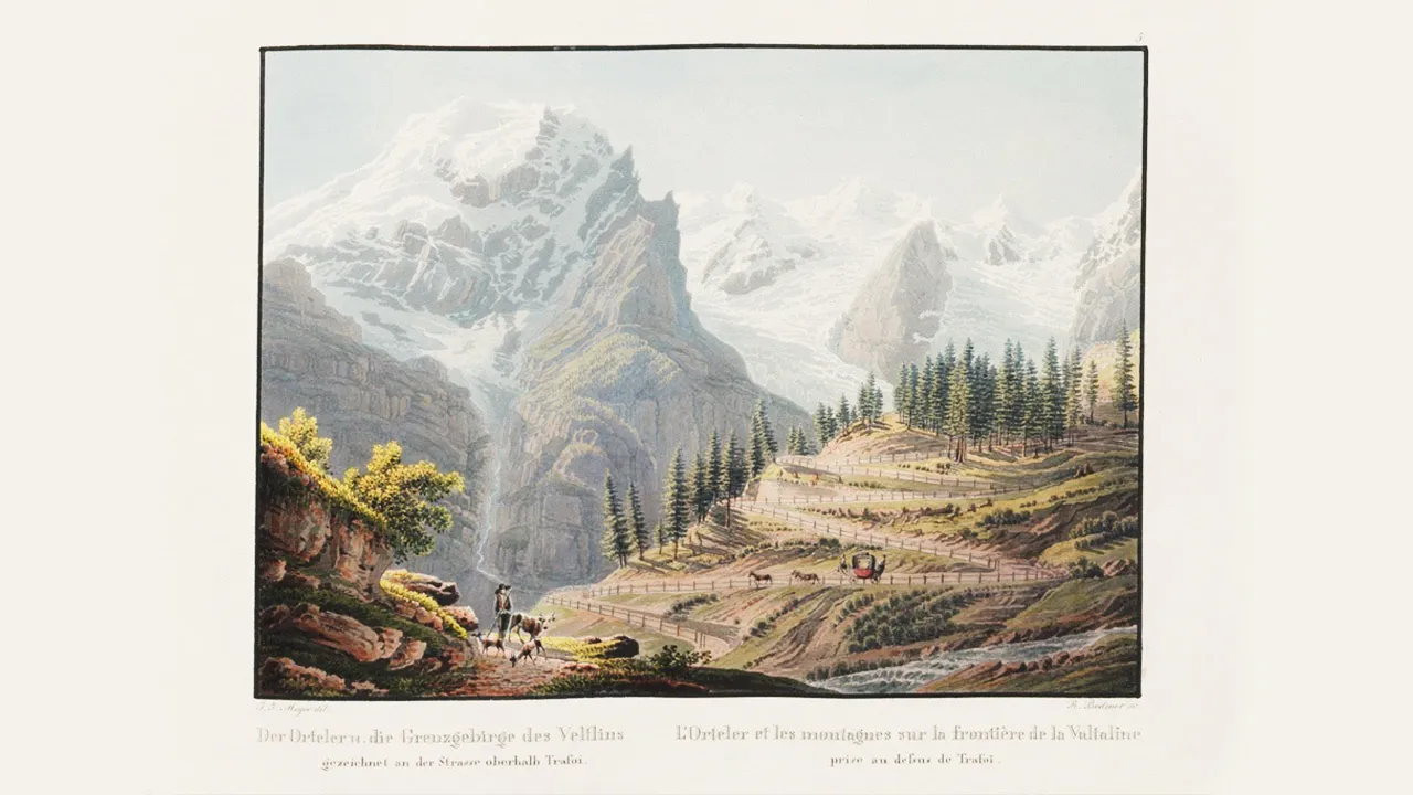 An artist&rsquo;s depiction of Stelvio Pass showing snowy peaks, livestock and carriages