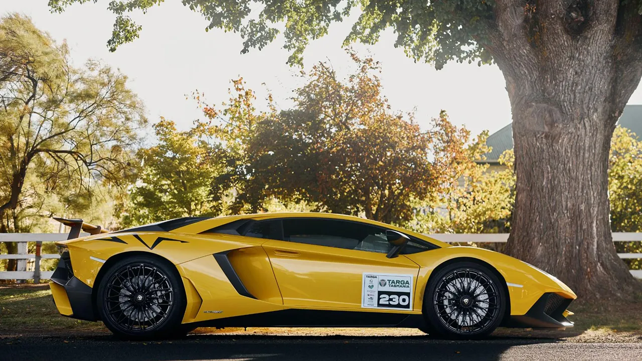 Yellow supercar parked and ready for the Targa Tasmania rally