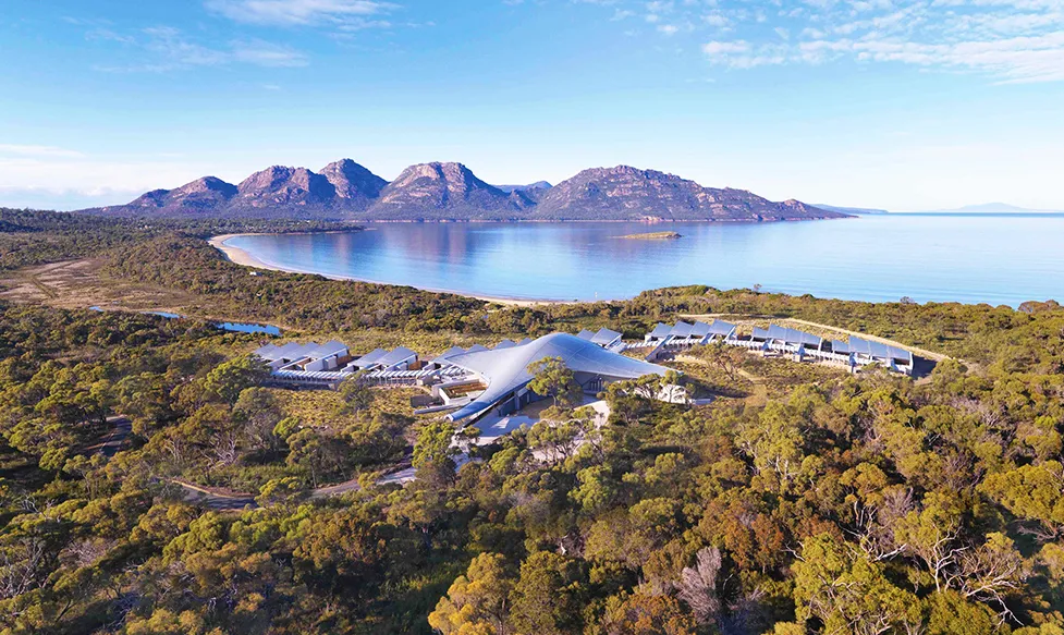 An aerial view of Coles Bay in Australia on a beautiful sunny day