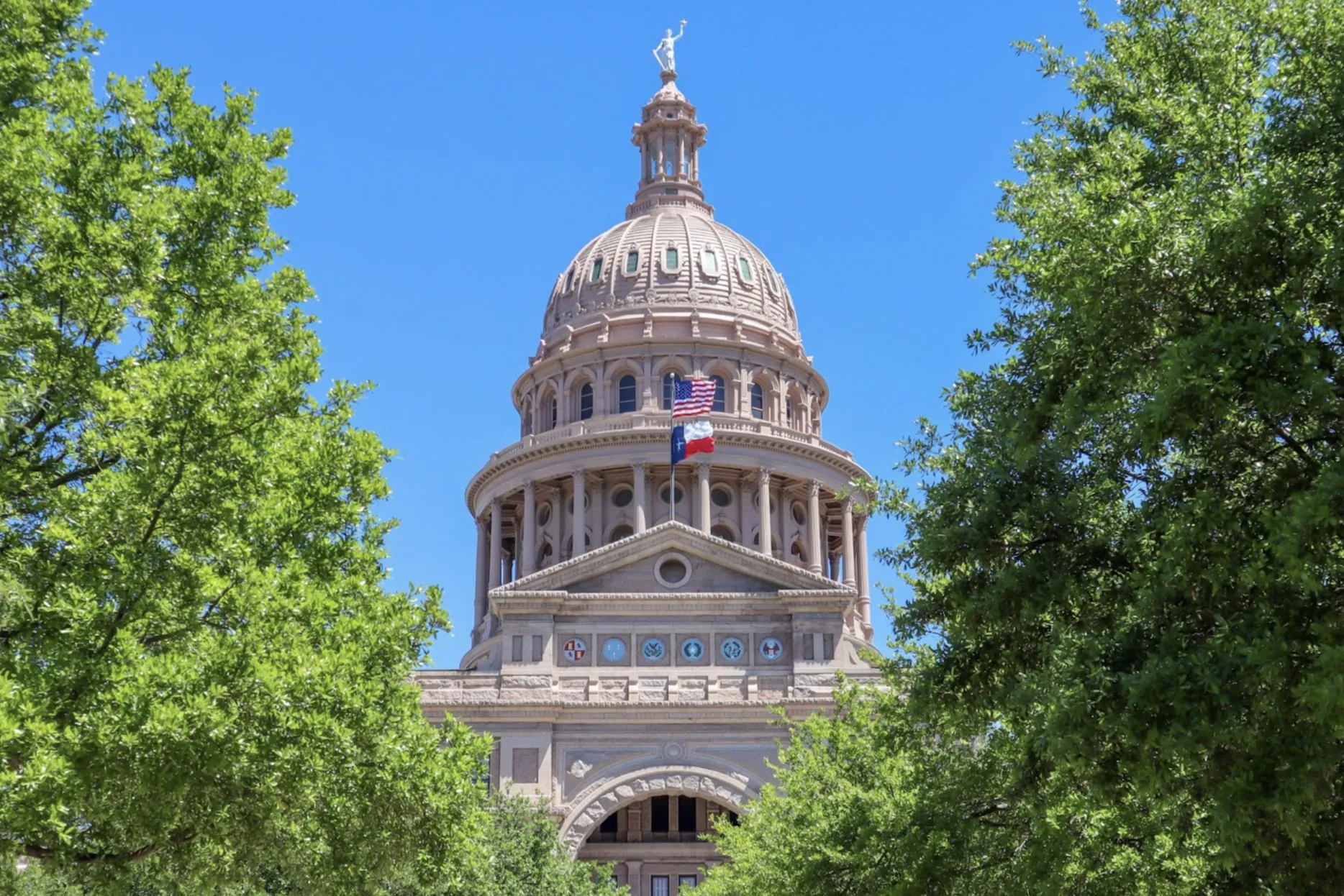 The dome of Texas State Capitol in Austin as seen from ground level